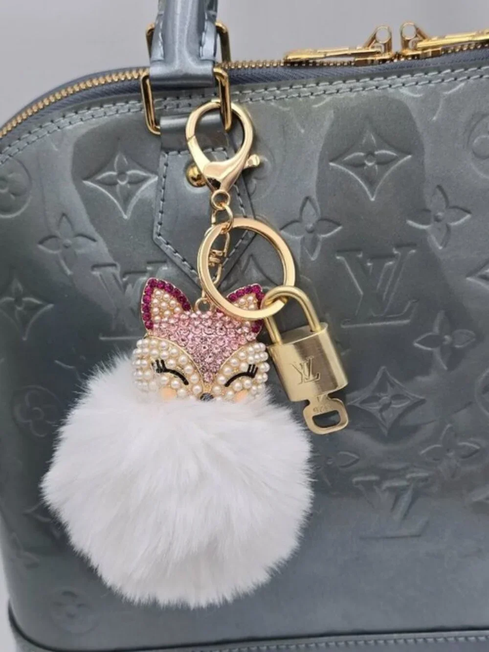 LV Authentic Gold Padlock 🔒 Key Set w/ Unbranded Fox Pom-pom Keychain Charm